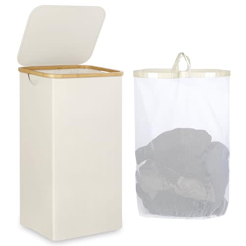 iEGrow Laundry Basket with Lid, 110L Large Laundry Hamper with Handle and Lid, Collapsible Clothes Basket Organizer with Removable Inner Bag for Clothes Toys Towels - Beige