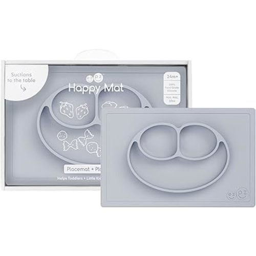 ezpz Happy Mat - 24 Months+ (Pewter) - 100% Silicone Suction Plate with Built-in Placemat for Toddlers + Preschoolers - Divided Toddler Plates - Toddler Essentials