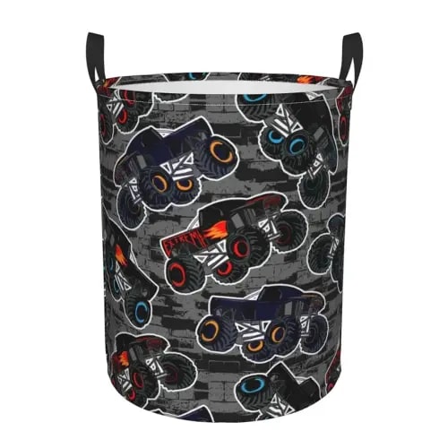 Monster Truck Boys Style Round Laundry Hamper Storage Basket Toys Clothes Organizer Bin For Home Bathroom Bedroom Dorm Nursery, 38l