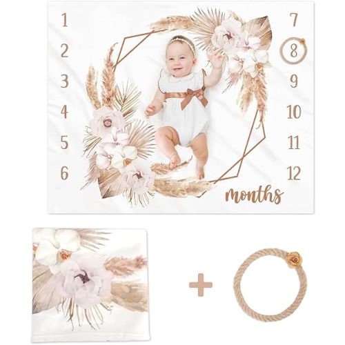 Boho Baby Milestone Monthly Blanket Spring Floral Neutral Baby Nursery Growth Gender Reveal Present Photo Props Little Boy Girl Bohemian Blanket Expecting Mom Gift Idea