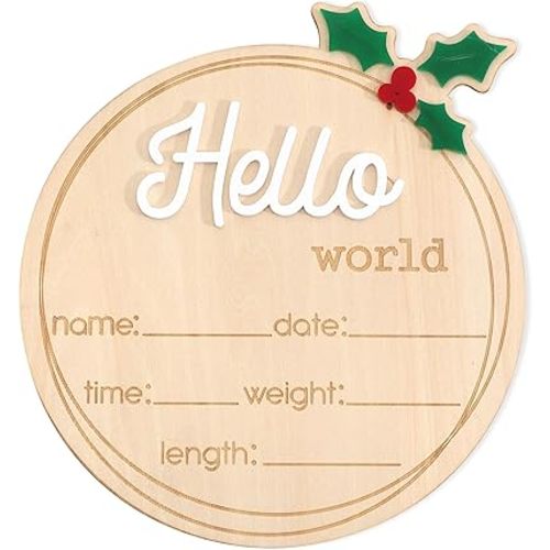 Wooden "Hello World" Baby Announcement Board - Newborn Birth Sign, Baby Shower Decor, Hospital Nursery Information Board, Baby Milestone Photo Prop, Gender Neutral Keepsake (Holly Berries Christmas)