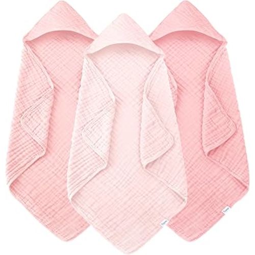 Muslin Hooded Baby Bath Towels - 3 Pack 100% Cotton Ultra-Soft Towels for Newborns, Infants, Toddlers - 32x32 Inch - Highly Absorbent, Quick-Dry Essentials for Bath Time, Beach, Pool, Pink Series