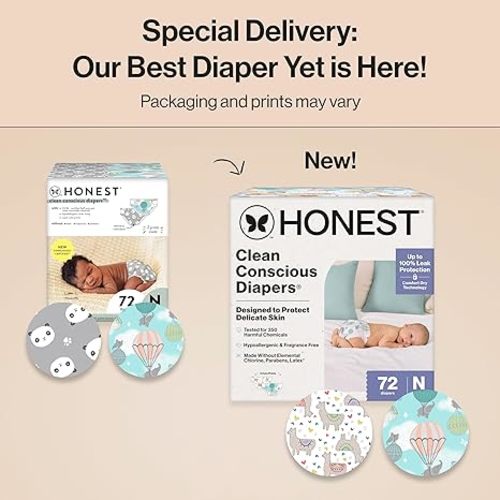 The Honest Company Clean Conscious Diapers for Delicate Skin, Up to 100% Leakproof Hypoallergenic Fragrance-Free Baby Diapers, Gender Neutral Prints, Club Box, Size Newborn, 72 Count (Prints May Vary)