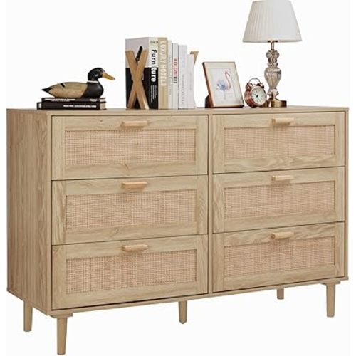 Finnhomy 6 Drawer Rattan Dresser for Bedroom 51.2” Widen Wooden Dresser Long Bedroom Dressers with Drawers, Cane Double Dressers Chest of Drawers Wood Hallway, Living Room