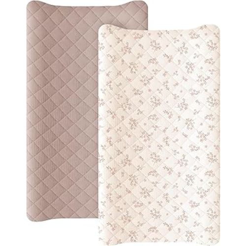Konssy Waterproof Muslin Changing Pad Cover 2 Pack, Quilted Cotton Fitted Diaper Changing Table Cover, Soft Changing Pad Sheets for Girls Boys (Soft Blooms,Taupe)
