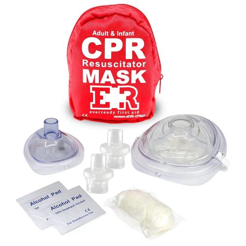 Adult and Infant CPR Mask Combo Kit – Includes 2 CPR Masks with One-Way Valves, Pair of Vinyl Gloves, 2 Alcohol Prep Pads – Portable Emergency CPR Kit – Red – FSA/HSA Eligible