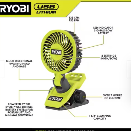 USB Lithium Clamp Fan Kit with 2.0 Ah USB Lithium Battery, Charging Cable, and FREE USB Lithium 3.0 Ah Battery