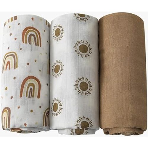 3 Pack Muslin Swaddle Blankets, Boho Rainbow Baby Muslin Blankets for Girls & Boys Unisex, Large 47 x 47 inches, Silky Soft, Lightweight, Breathable (Rainbow) (3 Pack Rainbow C)