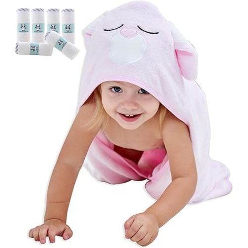 HIPHOP PANDA Baby Washcloths, 6 Pack and Baby Hooded Towel, Pink Rabbit, 30 x 30 Inch