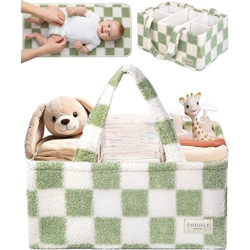 Toodly Checkered Diaper Caddy Organizer with Portable Changing Mat - Teddy Fleece Diaper Organizer for Changing Table - Caddy Organizer with Removable Dividers - Green and White