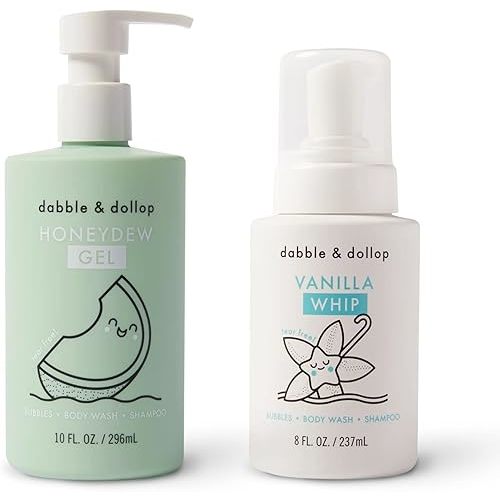 Dabble & Dollop Honeydew Melon + Vanilla Body Wash & Shampoo - 3 in 1 Natural Bubble Bath for Kids, USA-Made, Paraben & Sulfate Free, Vegan, Gluten-Free, Tear-Free (Pack of 2)