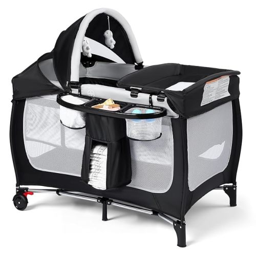 Kinder King 4 in 1 Portable Pack and Play, Baby Playard w/Bassinet, Large Playpen for Infant and Toddler, Newborn Changing Table, Adjustable Canopy, Storage Basket, Travel Bag, Black