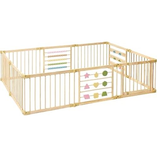 Wooden Playpen Extra Large for Toddlers and Babies - 3 Theme Toy Design - (8/10) Wood Panels - Foldable and Adjustable Baby playpen - Extra Large Baby playpen