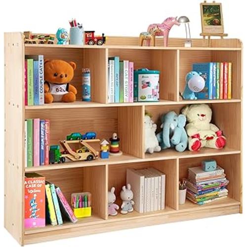8-Compartment Solid Wood Storage Cabinet, Classroom Bookshelf, Classroom Cubbies, 3-Tier Open Wooden Bookshelf for Kids, Kids Toy Storage Organizer