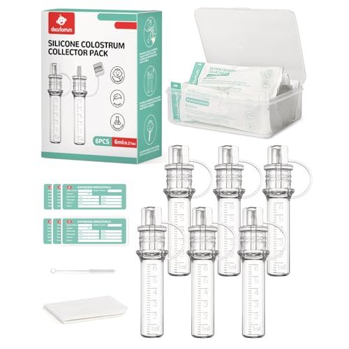 dearlomum Colostrum Collector Kit Breast Milk Collector 6ml/6pcs,Reusable, Heat & Freezer Resistant, BPA-Free, with Cotton Cloth Wipe, Storage Case, Cleaning Brush