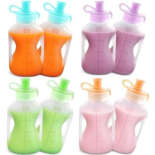 Silicone Reusable Baby Food Pouches with Straws, 8 Pack Leakproof Refillable Squeeze Pouches, Dishwasher, Freezer, Microwave Safe, 5OZ Baby Food Storage for Homemade Puree, Yogurt