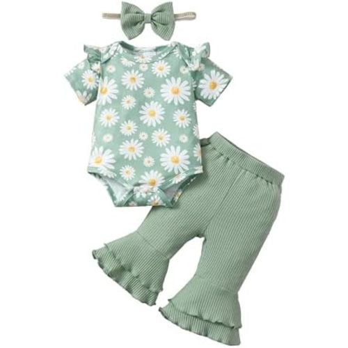 SUNNY PIGGY Baby Girl Clothes Ruffle Short Sleeve Romper Long Pants Set with Headband Newborn Infant Outfits