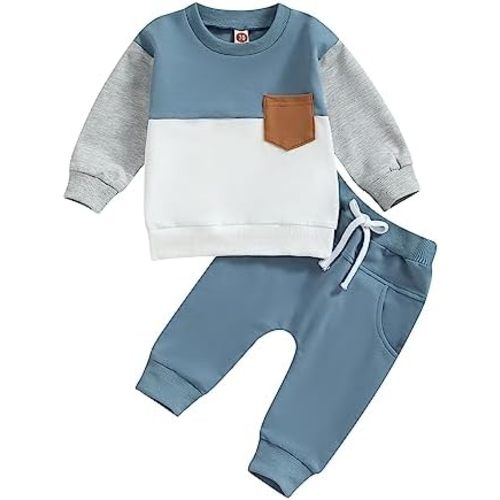 Toddler Baby Boy Clothes Color Block Pullover Sweatshirt Top Elastic Waist Pockets Joggers Pants 2Pcs Fall Outfit