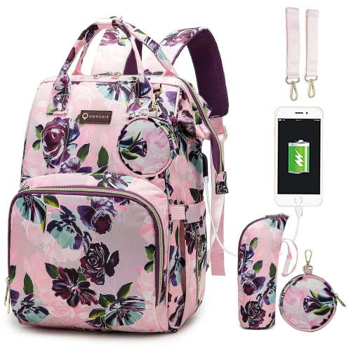 Floral Diaper Bag Backpack with USB Charging Port Stroller Straps and Insulated Pocket,Travel Bag Nappy Backpack For Women/Mum (Floral)