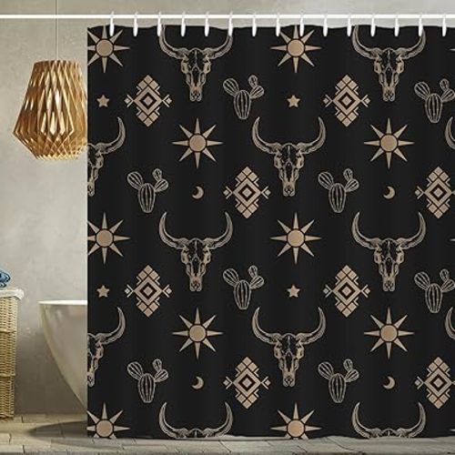 Western Bull Skull Shower Curtain Boho Cow Longhorn Skullhead Cactus Bohemian Black and Gold Shower Curtain with Hooks 72x72 Inch Waterproof Polyester Bathroom Curtain (Black Gold Bull Skull)
