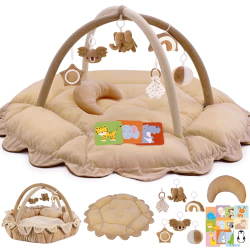 5-in-1 Plush Baby Play Gym, Activity Mat with Convertible Gym and Pillow, 6 Sensory Toys, Play Center from Newborn to Toddler, Brown