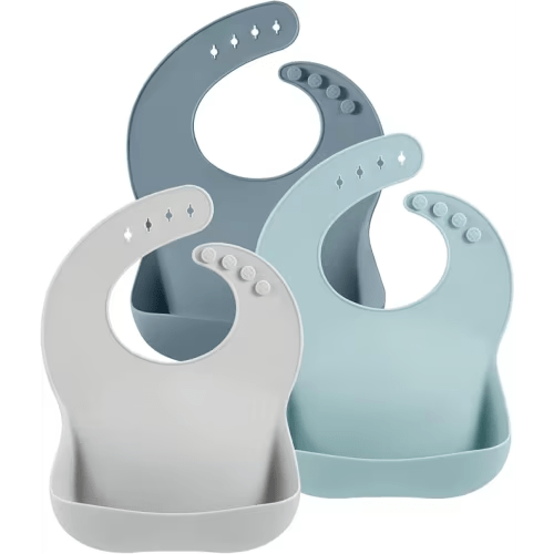 PandaEar 3 Pack Silicone Bibs for Boys Girls for Babies & Toddlers, Waterproof Feeding Bib with Large Food Catcher, BPA Free (Blue & Gray)