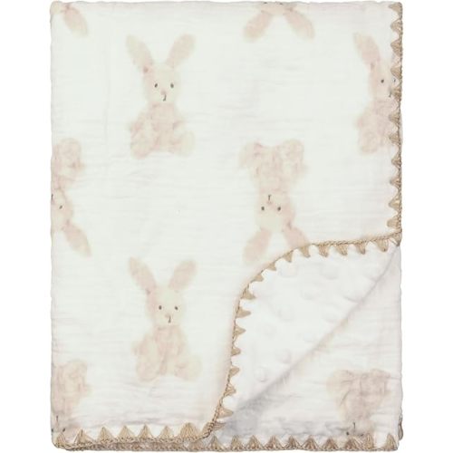 Baby Blanket 40x40 Inches,Muslin Cotton and Minky Dotted Double Layer Soft Receiving Blanket for Newborn Toddler,Bunny