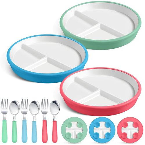 3 Pack 8" Large Porcelain Toddler Plates Feeding Set, Ceramic Kids Suction Plates with Anti Slip Silicone Sleeve for Baby 3 Spoons and Forks Divided Kids (Peach,Green,Light Blue)
