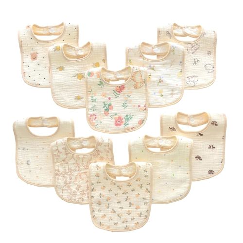 MUKIN Baby Muslin Bibs, Cotton Drooling Feeding Towels, Adjustable Snap Closure, Various Prints, 10 Pack