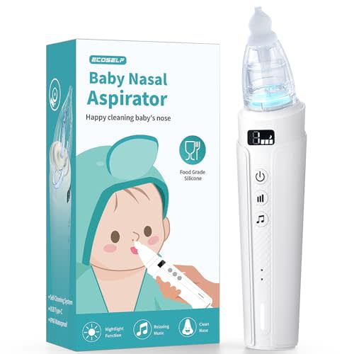 Electric Nasal Aspirator for Baby, ECOSELF Self-Cleaning Babies Nose Sucker, Automatic 5L Flow Nose Aspirator with IPX6 Waterproof, 3 Suction Levels, Pause Music & 8 Lights Booger Sucker for Toddlers