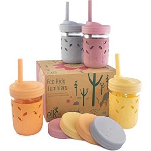 Elk and Friends Kids & Toddler Cups | The Original Glass Mason jars 8 oz with Silicone Sleeves & Silicone Straws with Stoppers | Smoothie Cups | Spill Proof Sippy Cups for Toddlers