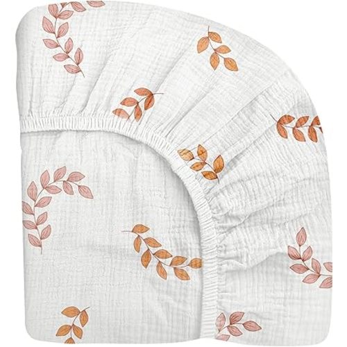 Mini Crib Sheets for Baby Boy Girl, Neutral Mini Crib Mattress Sheet 24" x 38", Muslin Nursery Bedding Soft and Breathable Comfort (Mini Crib Sheet, Leaf)