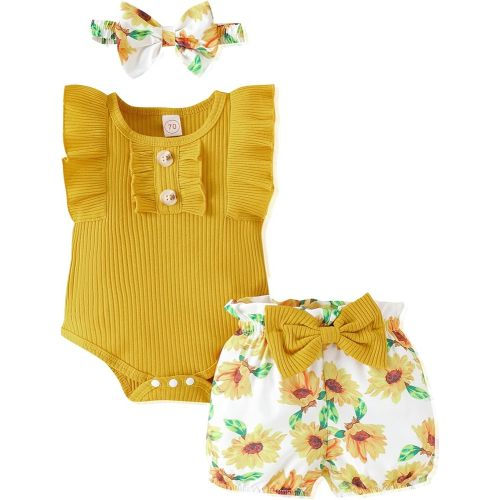 Newborn Baby Girl Clothes Outfits Ruffle Romper and Short Pant Sets with Headband Infant Bodysuits