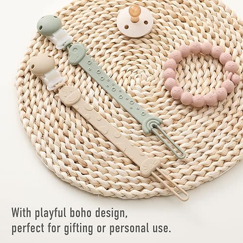 Pacifier Clips for Baby One Piece Silicone Pacifier Holder Clips for Boys Girls Paci Binky Clips 4Pcs Pacifier Clip Animal Design Rainbow-Ivory+Baby Blue
