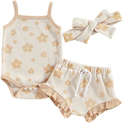Qiylii Newborn Baby Girl Floral Summer Short Sets, Strap Onesie Top Ruffle Blommer Shorts Headband 3PC Cute Infant Outfits