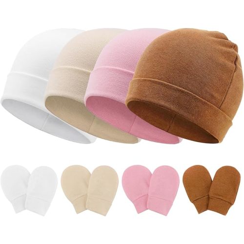 DRESHOW BQUBO Baby Hats and Mittens Infant Cotton Beanie Gloves No Scratch Set Newborn Hospital Hat for Boys Girls