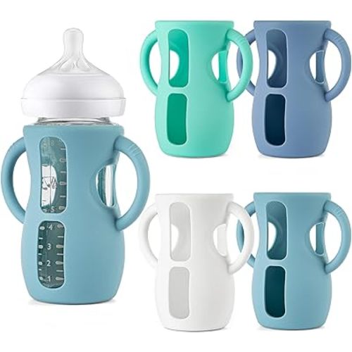 Desing Wish 4 Pack 8oz Silicone Sleeves with Handles for Avent Glass Natural Baby Bottles, Anti Breakage Protective Sleeves Compatible with Philips Avent Glass Baby Bottle 8 oz - Standard