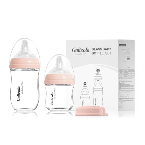Natural Glass Baby Bottle Newborn Set, 3 oz and 5 oz with Extra Slow Flow & Slow Flow Nipple, Anti Colic, 0-3 Months, 2 Pack - Pink
