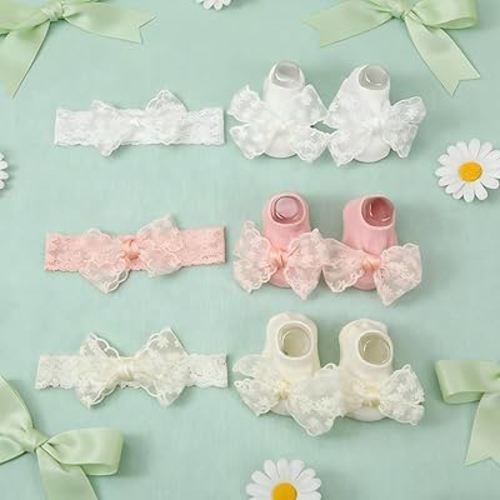 3 Pack Baby Girls Headbands and Socks Set Newborn Lace Bow Hairbands Non-Slip Grips Socks for Babies Infants and Toddlers (Beige, Pink, White)