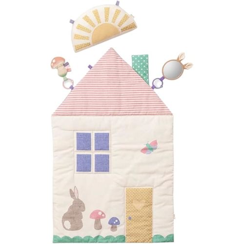 Itzy Ritzy Baby Tummy Time Play Mat, Includes Sun-Shaped Bolster, Mirror & Crinkle Sound Toy - Tummy Time Mat for Babies 0 Months and Up (Pastel Cottage)