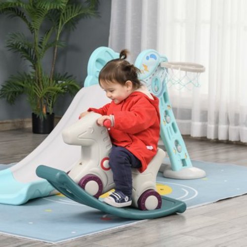 Qaba Kids 2 in 1 Rocking Horse & Sliding Car for Indoor & Outdoor Use w/ Detachable Base, Wheels, Smooth Materials, Grey and Green