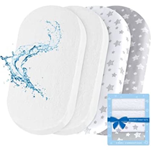 Bassinet Sheets & Waterproof Bassinet Mattress Pad Protector 4 Pack Set, Viscose Made from Bamboo, Universal Fit for Oval, Hourglass and Rectangular Mattress, Grey & White