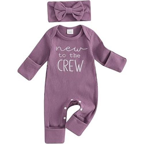 Newborn Baby Girl Coming Home Outfit Ruffle Romper Onesie Cute Ribbed Knit Jumpsuit Winter Clothes and Headband (New to the Crew Purple, 0-3 Months)