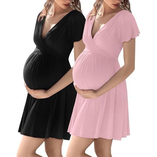 Neer 2 Pack 3 in 1 Labor Delivery Hospital Gown Robe, Women's Maternity Cross Wrap V Neck Dress Nursing Nightgown Sleepwear