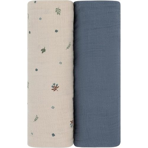 Ely's & Co. Muslin Swaddle Blanket 2-Pack — 100% Cotton Muslin Extra-Large Swaddle Blankets (47” x 47”) Solid + Printed (Blue Garden Flower)