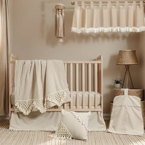 Brandream Gender Neutral Boho Bohemian Baby Girl Boy Nursery Crib Bedding Set - 6pc - Solid Color Beige Farmhouse Chic Unisex Minimalist Tassel Fringe Macrame 100% Washed Cotton