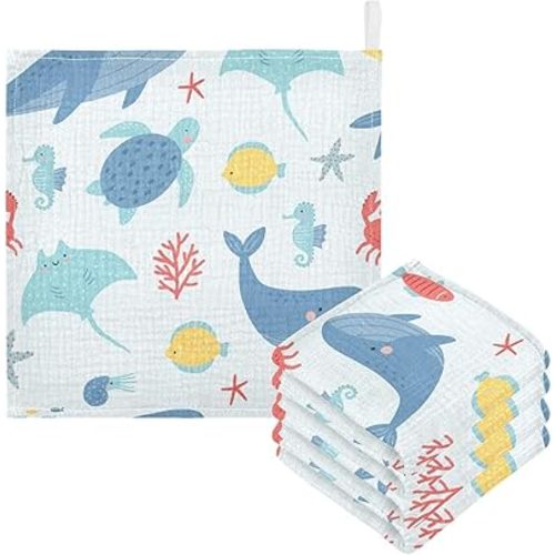 Burbuja Ocean Sea Fish Baby Washcloths - Muslin Cotton Soft Absorbent Baby Towel for Newborn Baby Sensitive Skin - Baby Essential Item, 12x12 in, 5 Pack