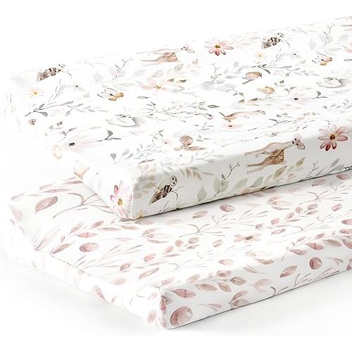 GRSSDER Stretch Ultra Soft Jersey Knit Changing Pad Cover Set 2 Pack, Change Table Pad Covers Fit 32"/34" x 16" Pads Safe and Snug, Beautiful Blush Pink Floral and Cute Animals Print for Girls