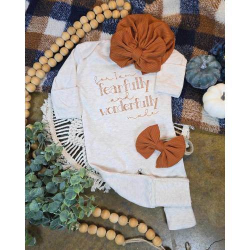 Oatmeal taupe romper with handmade bow hat custom gender neutral coming home outfit baby shower gift fearfully wonderfully made