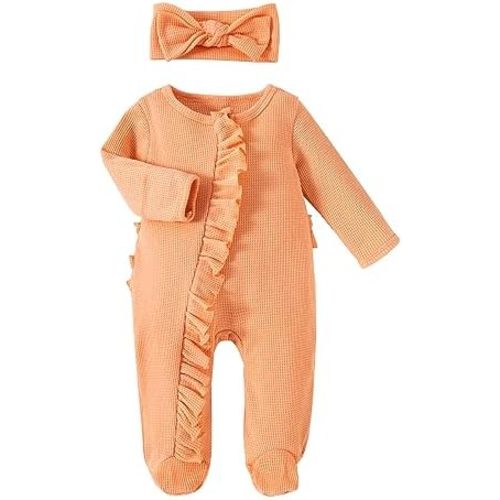 Newborn Baby Romper Infant Girl One-piece Outfit Waffle Ruffle Zip Footie Spring Summer Clothes With Bow Headband